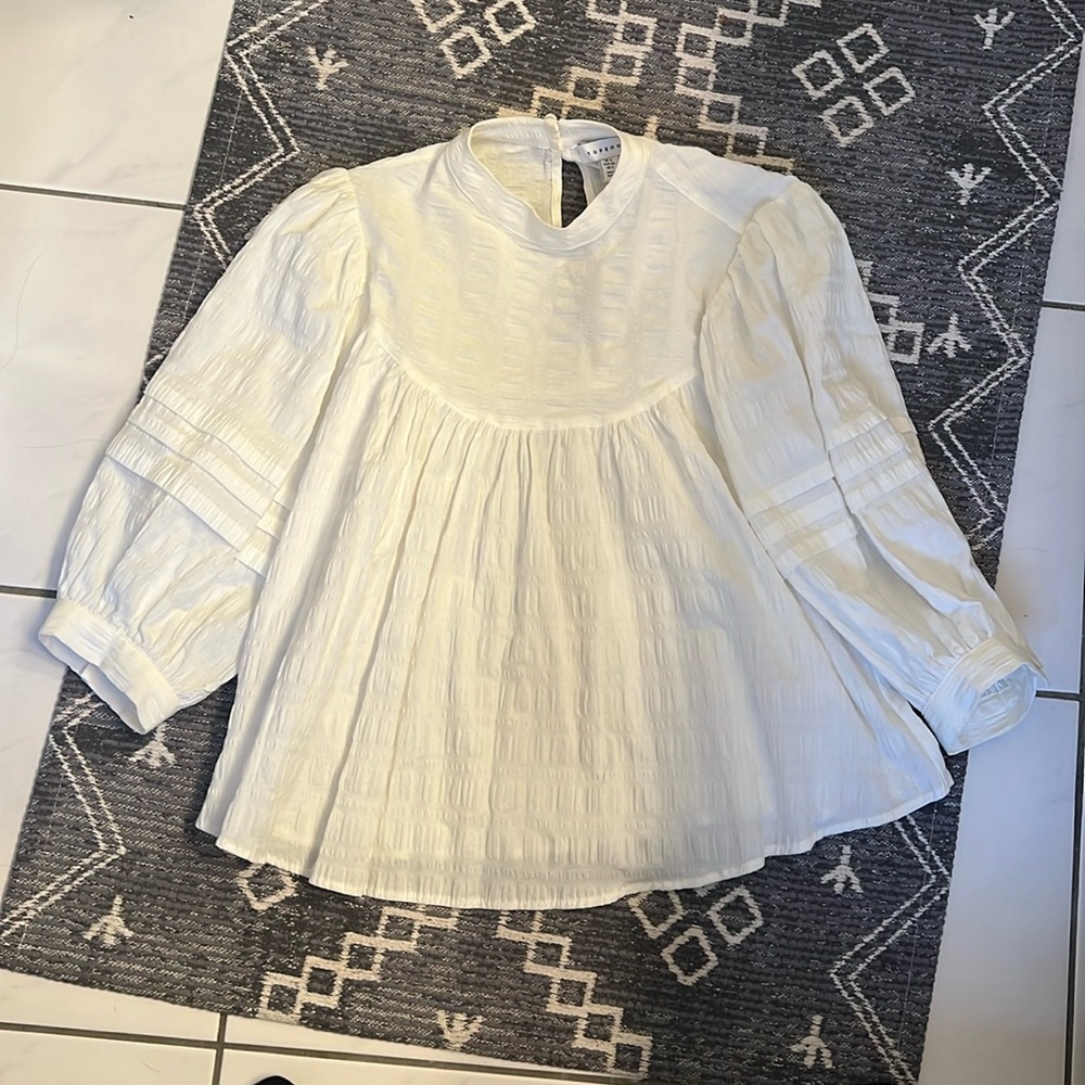 Topshop Textured Cotton Oversized Blouse High Neck Puff Sleeve White